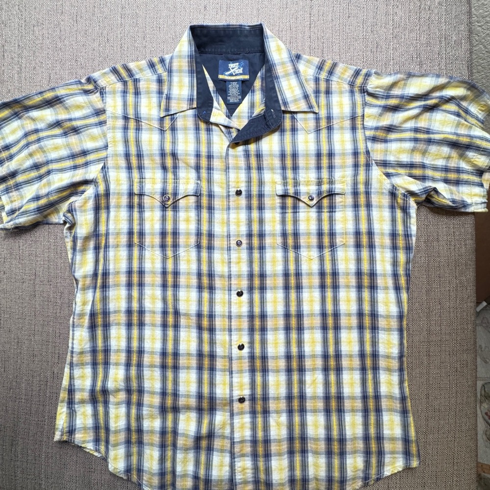 Wrangler Twenty Xtreme Mens Large Yellow Blue Plaid Western Snap Shirt MJ3523M